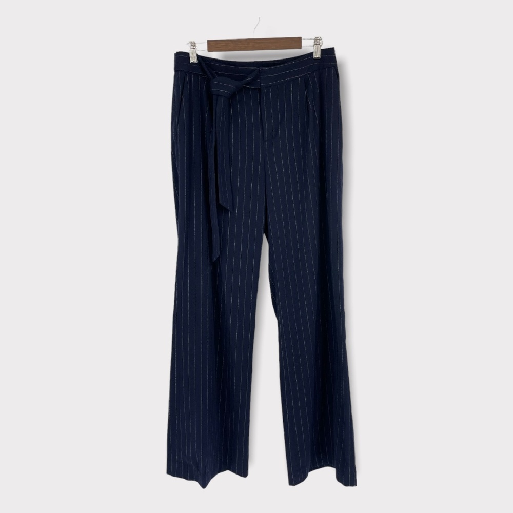 Halogen Navy Blue‎ Pinstriped Wide Leg Tie Waist Pants